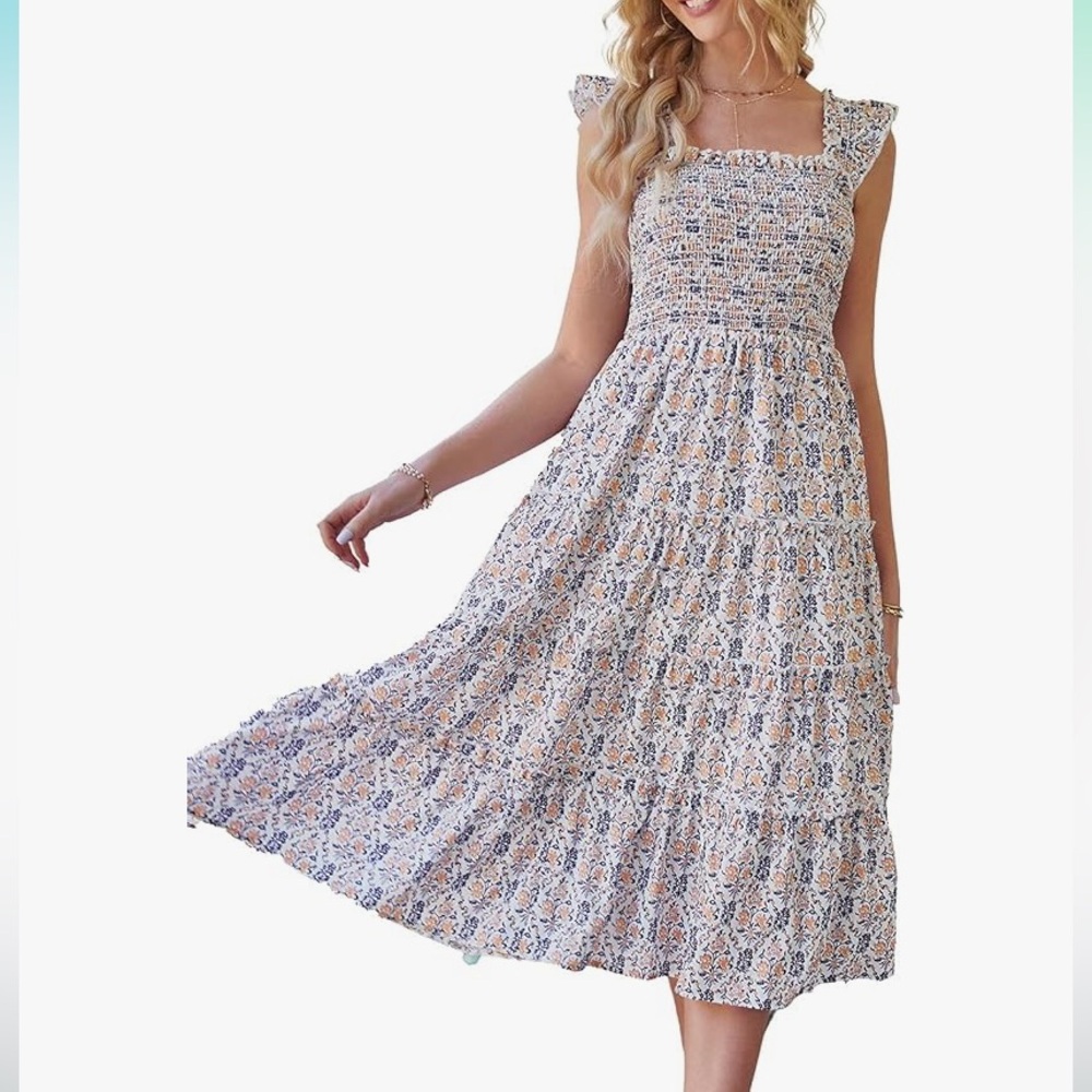 Boho Summer Flutter Cap Sleeve Tiered Midi Dress, Smocked Waist Size Medium